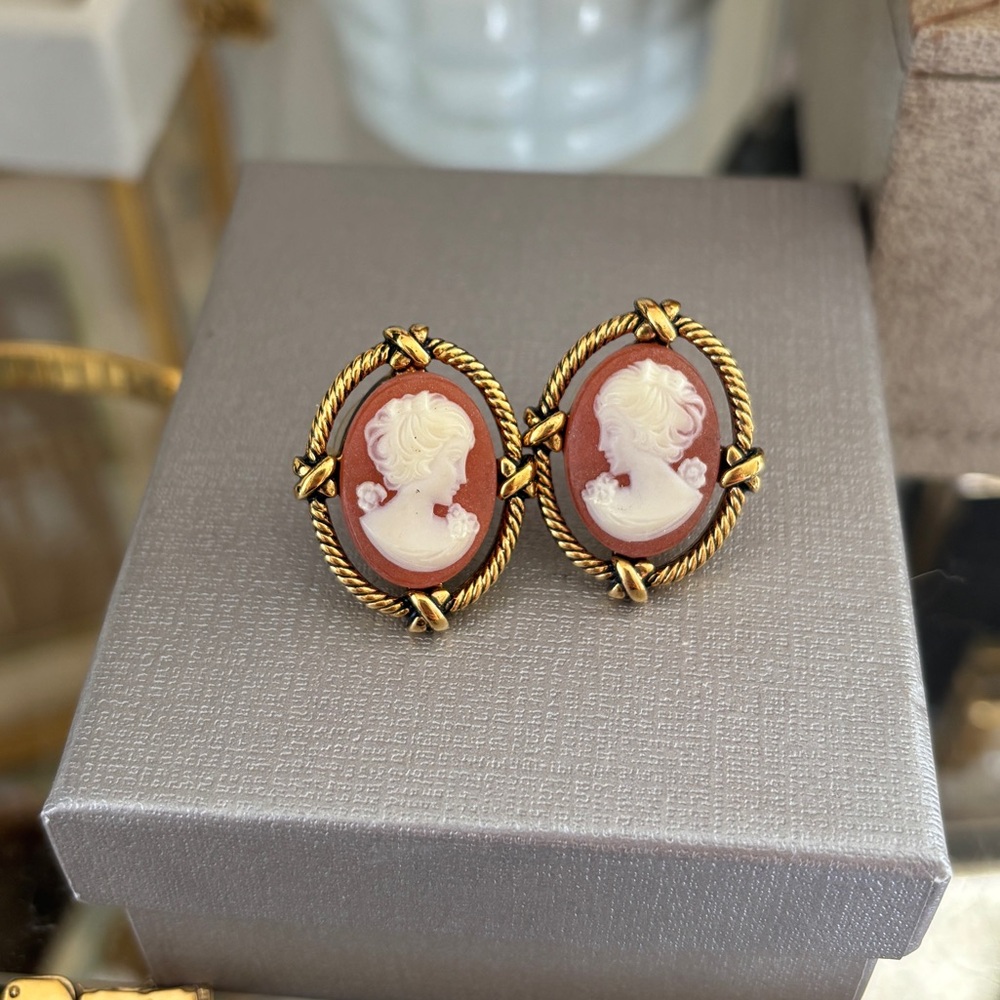 Vintage Napier Cameo Earrings with Gold Accents